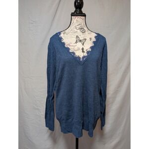 New York & Company Women's Blue Lace‎ Trim Plunging V-Neck Sweater Size XL